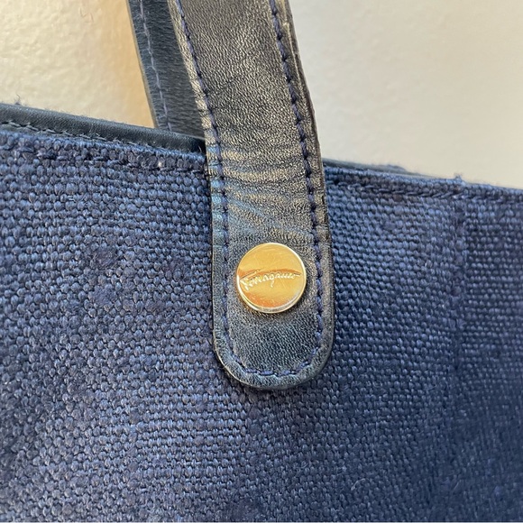 VTG Salvatore Ferragamo Firenze 8 Navy Blue Denim Leather Tote Shoulder Bag - Picture 4 of 14